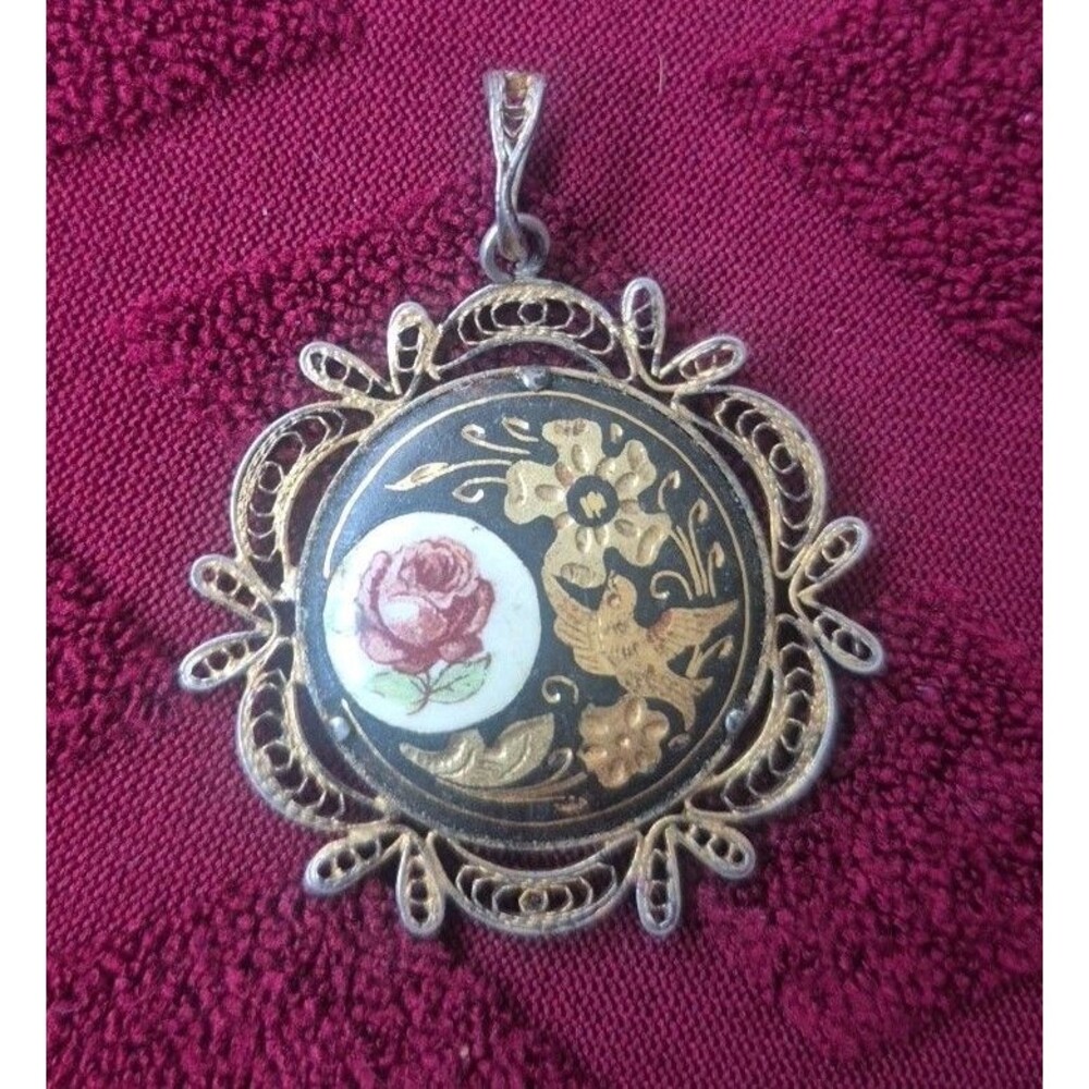 Vintage Damascene Guilloche Rose Pendant